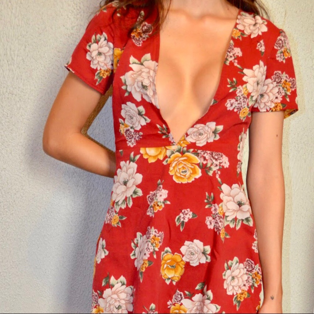 Red Floral Plunge Summer Dress